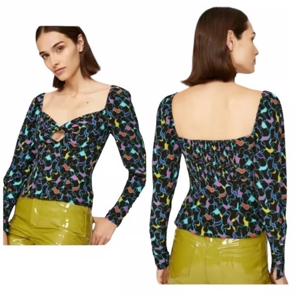 Staud Black Multicolor Print Long Sleeve Sweetheart Neck Josephine Top